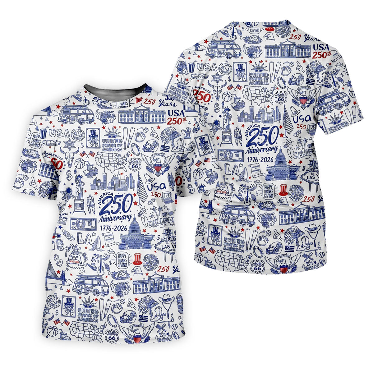 America 250 Anniversary US Symbols Doodle Pattern Patriotic Golf Shirt, 4th Of July Golf Shirts For Men