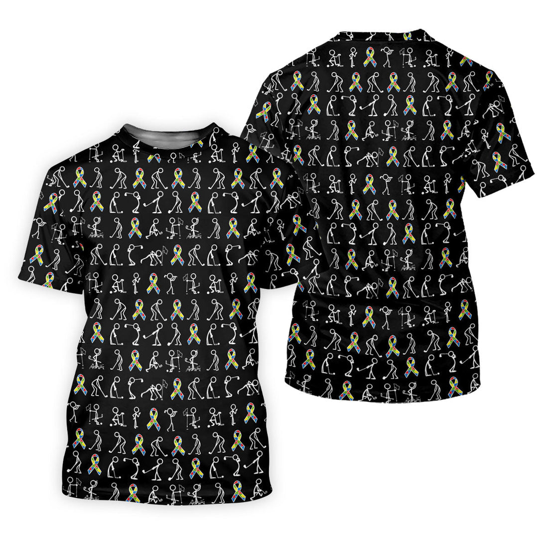 Stick Figure Golf Pose Autism Ribbon Black Golf Shirt, Autism Awareness Colors Ladies Golf Polos