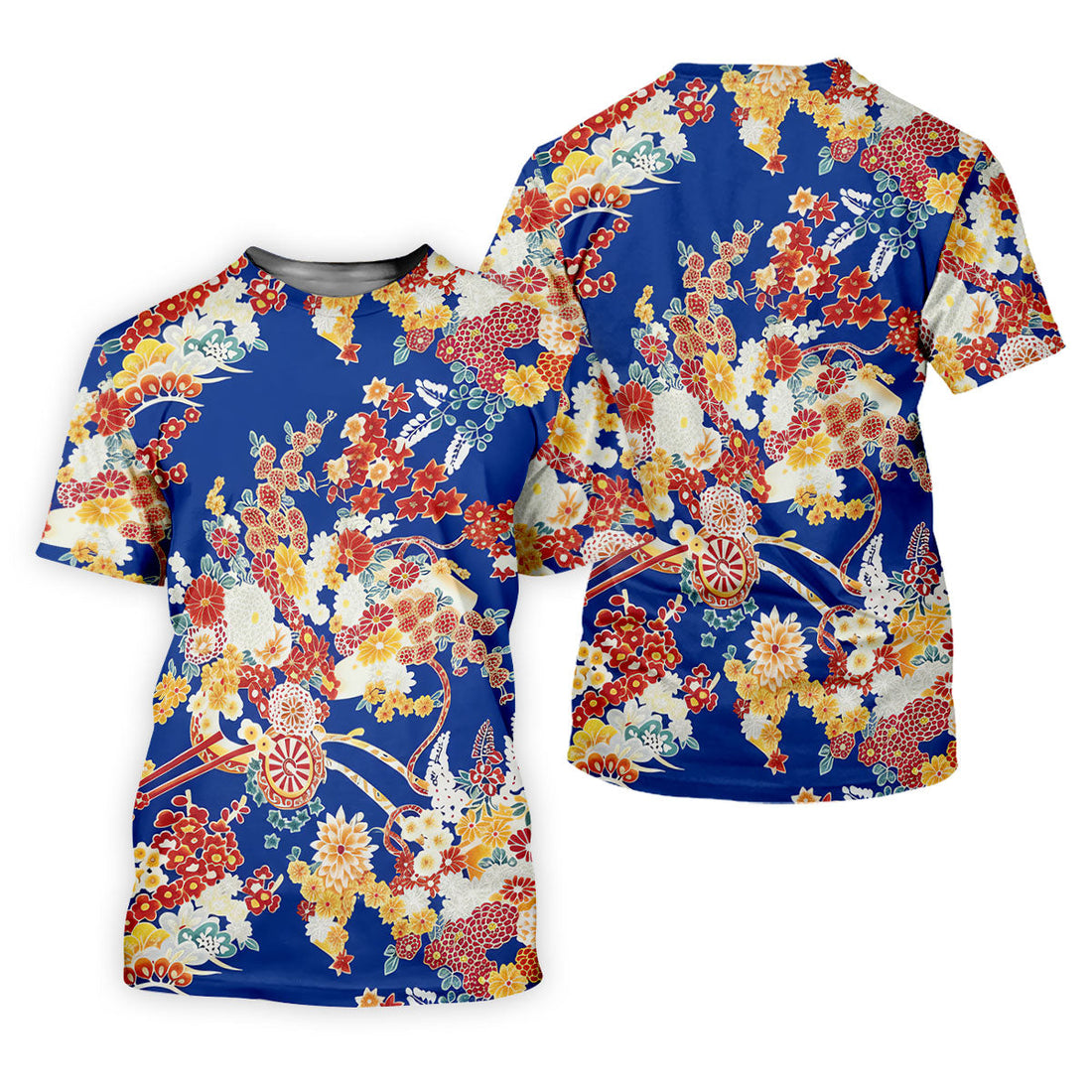 Royal Blue Japanese Floral Pattern Golf Shirt, Mens Golf Apparel, Printed Golf Shirts