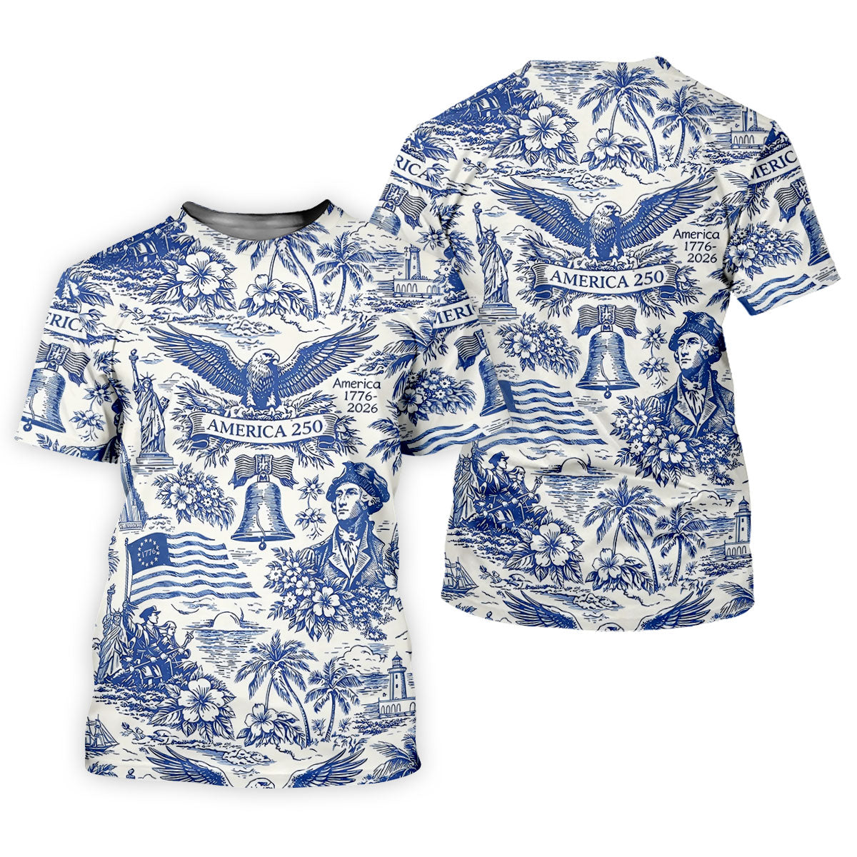 250th Anniversary Toile De Jouy American Symbols Vintage Golf Shirt, Patriotic 4th Of July Golf Shirts For Men