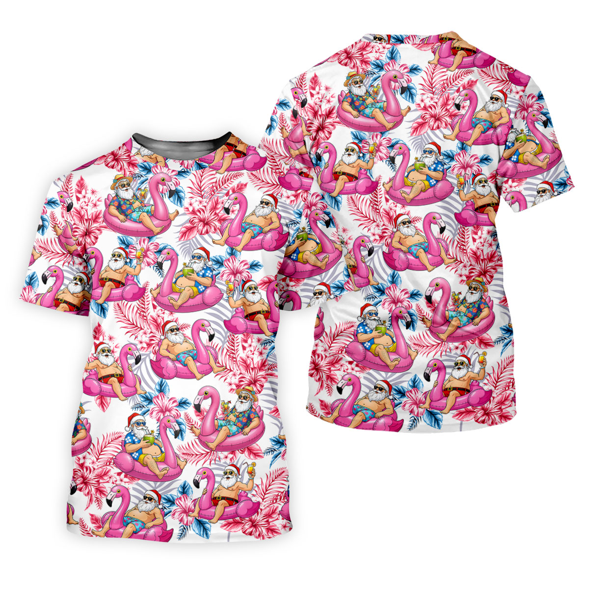 Santa Flamingo Float Tropical Christmas Golf Shirt, Christmas Hawaiian Shirt, Christmas Golf Shirt