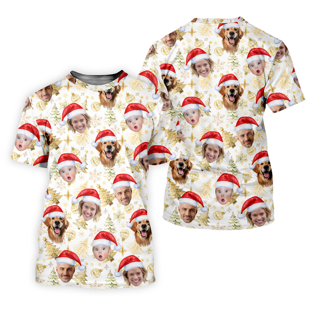 Custom Face Xmas Pattern Golden Print Christmas Golf Shirt, Ladies Golf Tops, Golf Gifts For Women