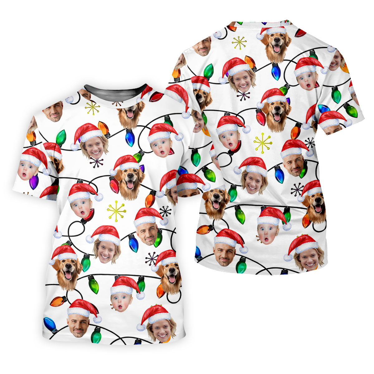 Custom Family Portrait Christmas Lights Pattern Men's Golf Polo Shirtristmas Golf Shirt, Golf Gift For Men