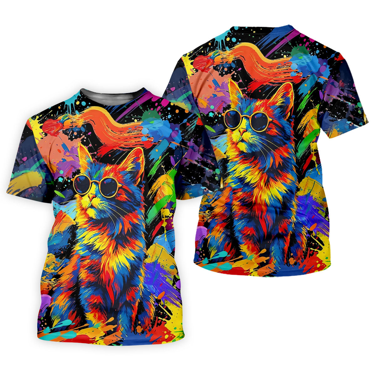 Colorful Cat Sunglasses Paint Splash Golf Shirt, Men's Golf Shirt, Golf Apparel For Men
