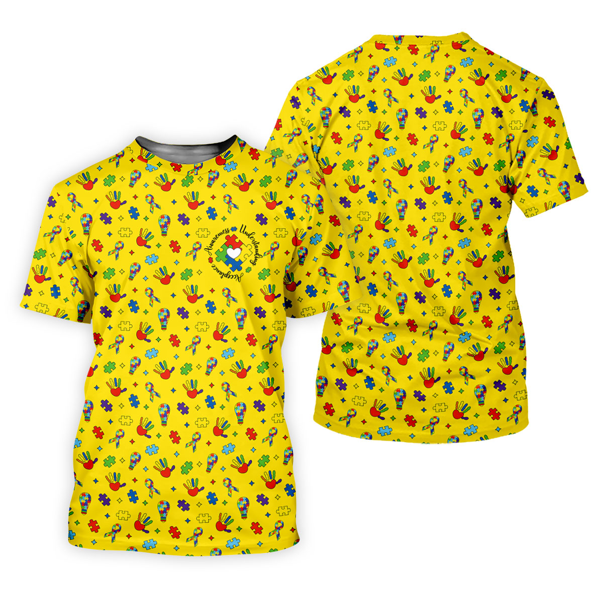 Awareness Understanding Acceptance Autism Ribbon Yellow Golf Shirt, Autism Awareness Colors Golf Shirts For Men