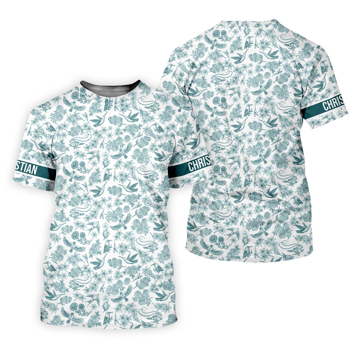 Custom Name Toile de Jouy Birds And Flowers Teal And White Polo ShirtFor Men, Golf Gift For Men