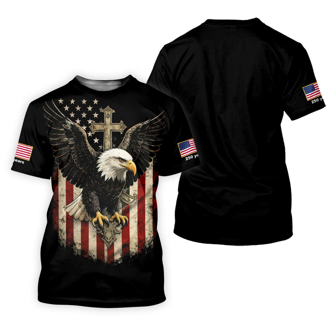 Faith Cross Bald Eagle And US Flag Black Golf Shirt, Patriotic 4th Of July Golf Shirts For Men