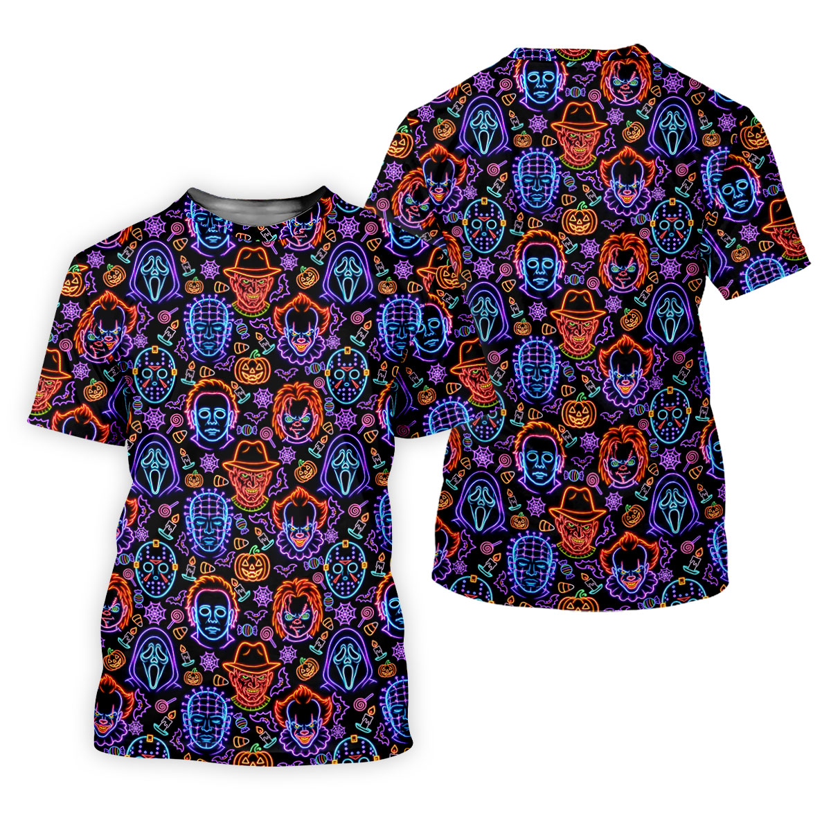 Neon Horror Character Movie Villain Pattern Golf Polo Shirt, Men's Golf Polo, Hawaiian Golf Shirt