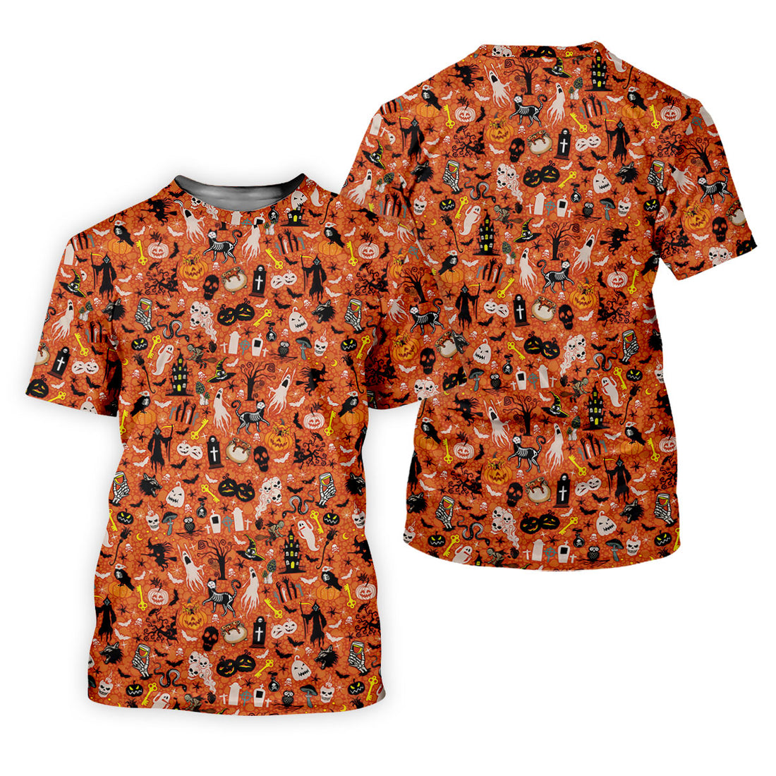 Halloween Skull Witch Cat Orange Golf Shirt, Funny Halloween Women's Golf Tops, Ladies Golf Shirts
