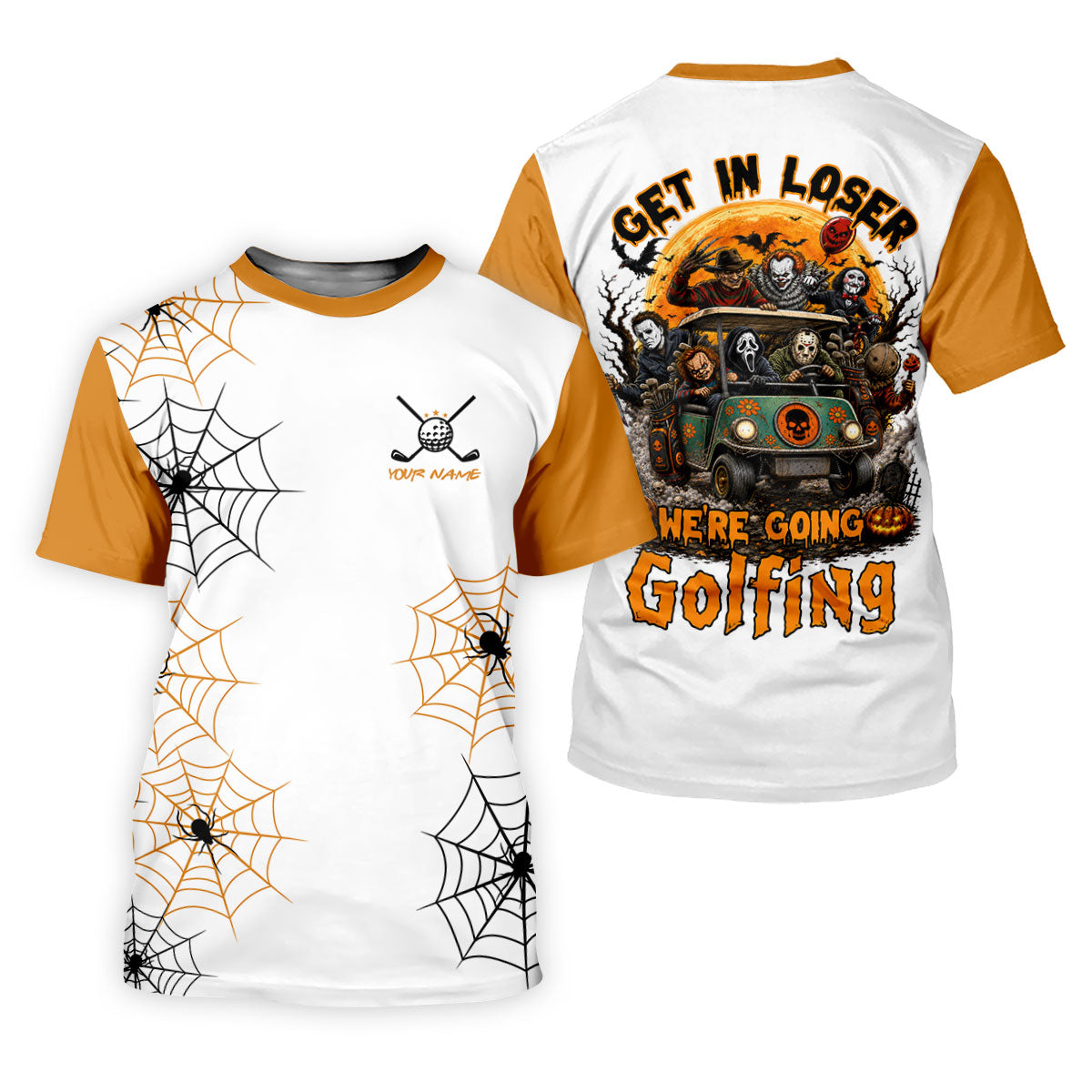 Custom Get In Loser We're Going Golfing Halloween Horror Character Golf Shirt, Golf Shirts For Women