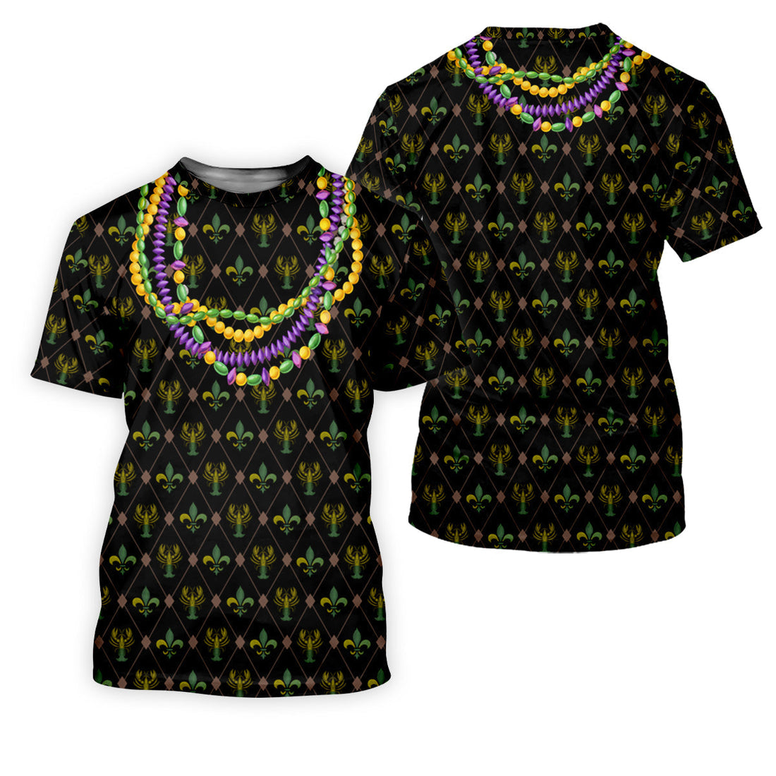 Mardi Gras Purple Green Gold Beads Chain Fleur De Lis Argyle Pattern Black Golf Shirt, Women's Golf Tops