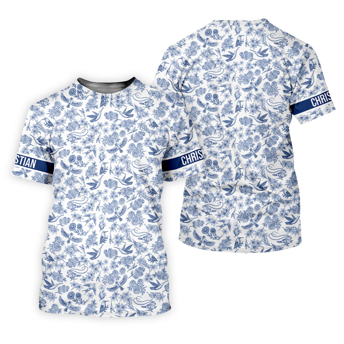Custom Name Toile de Jouy Birds And Flowers Blue Golf Shirt, Women Golf Top, Ladies Golf Polos