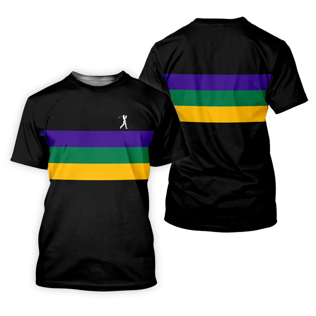 Mardi Gras Purple Green Gold Horizontal Stripes Black Golf Shirt, Golf Tops For Men, Polo ShirtFor Men