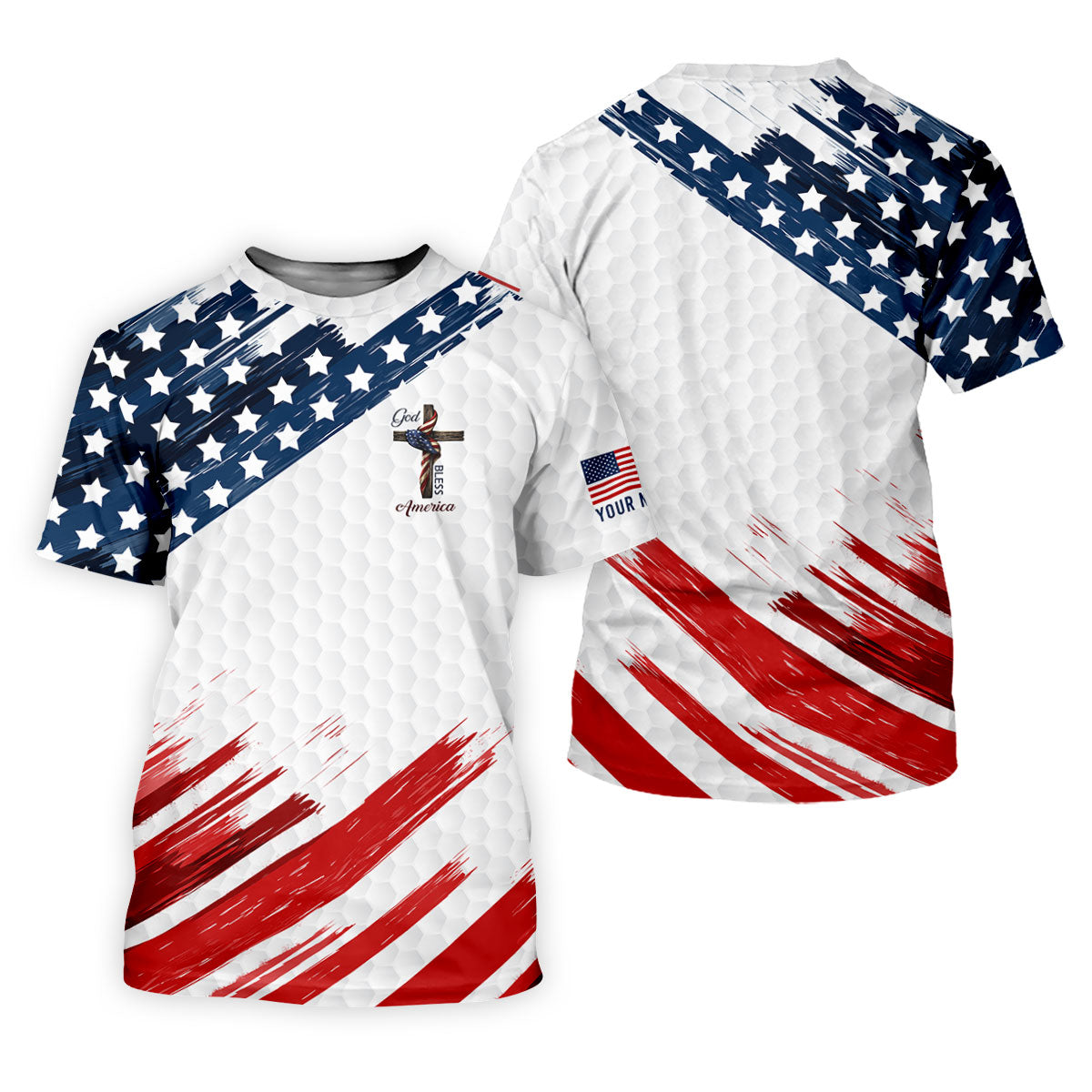 God Bless America Faith Cross US Flag Brush White Golf Shirt, Patriotic 4th Of July Golf Shirts For Men
