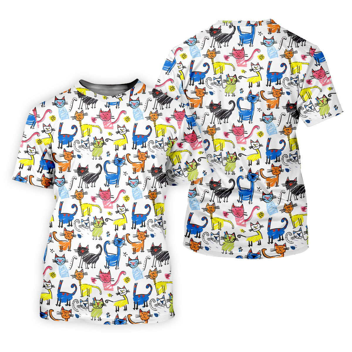 Cartoon Cat Golf Shirt, Colorful Doodle Cat Pattern, Polo Shirts For Women