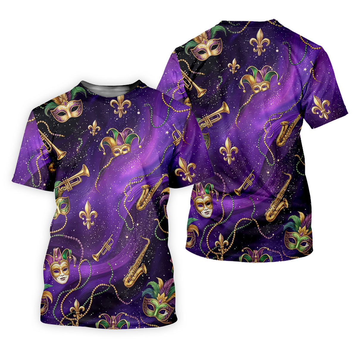 Golden Fleur De Lis Trumpet And Saxophone Mardi Gras Masquerade Mask Purple Golf Shirt, Golf Shirts For Men