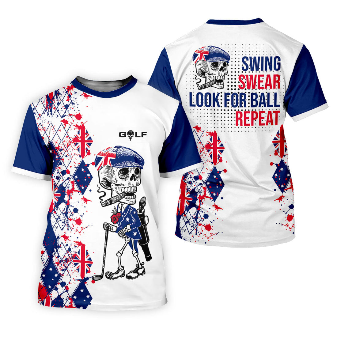 Swing Swear Look For Ball Repeat Australia Flag Print Skeleton Golfer Argyle Golf Shirt, Polo Shirtor Men