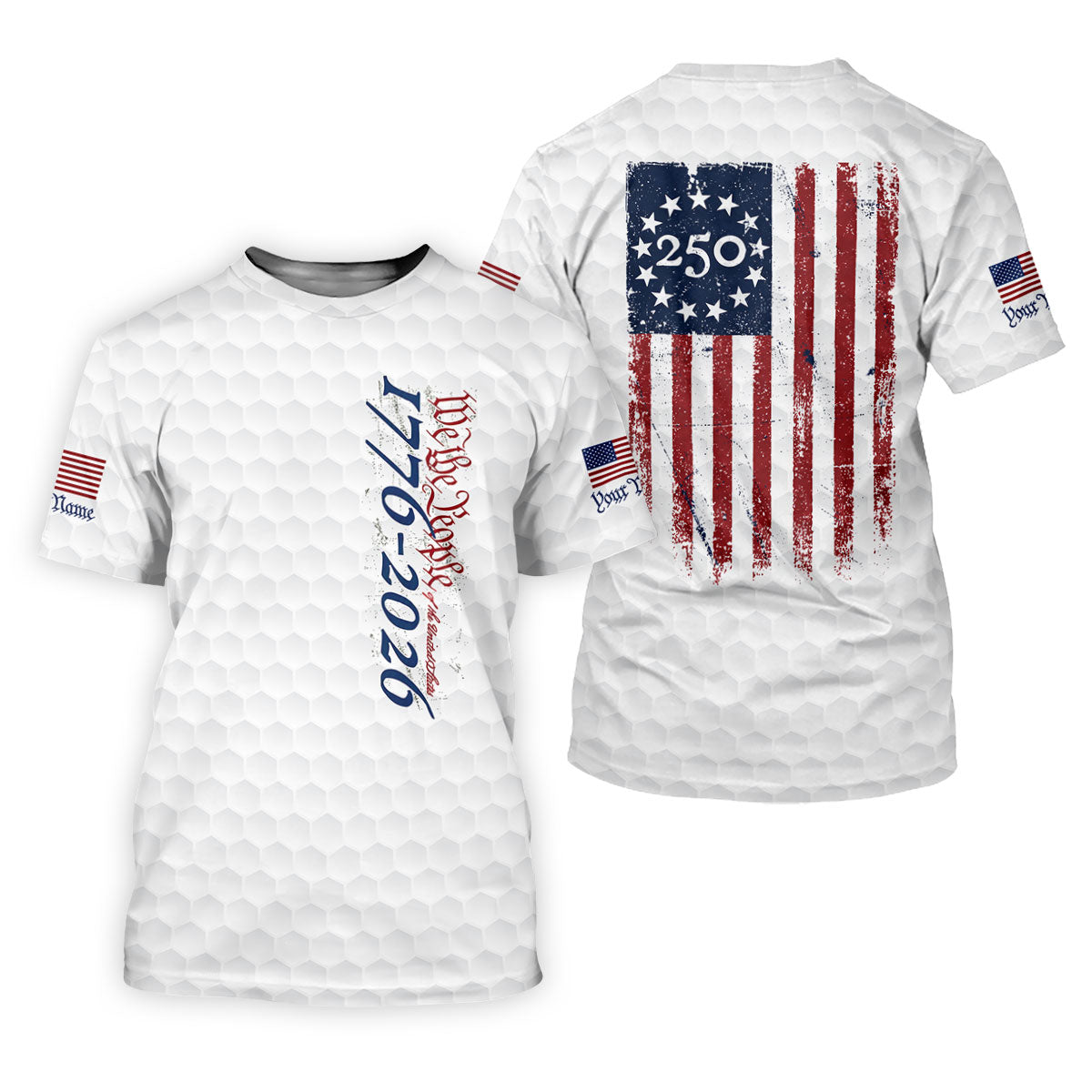 We The People Distressed American Flag White Golf Shirt, 250 Years Patriotic 4th Of July Golf Shirts For Men