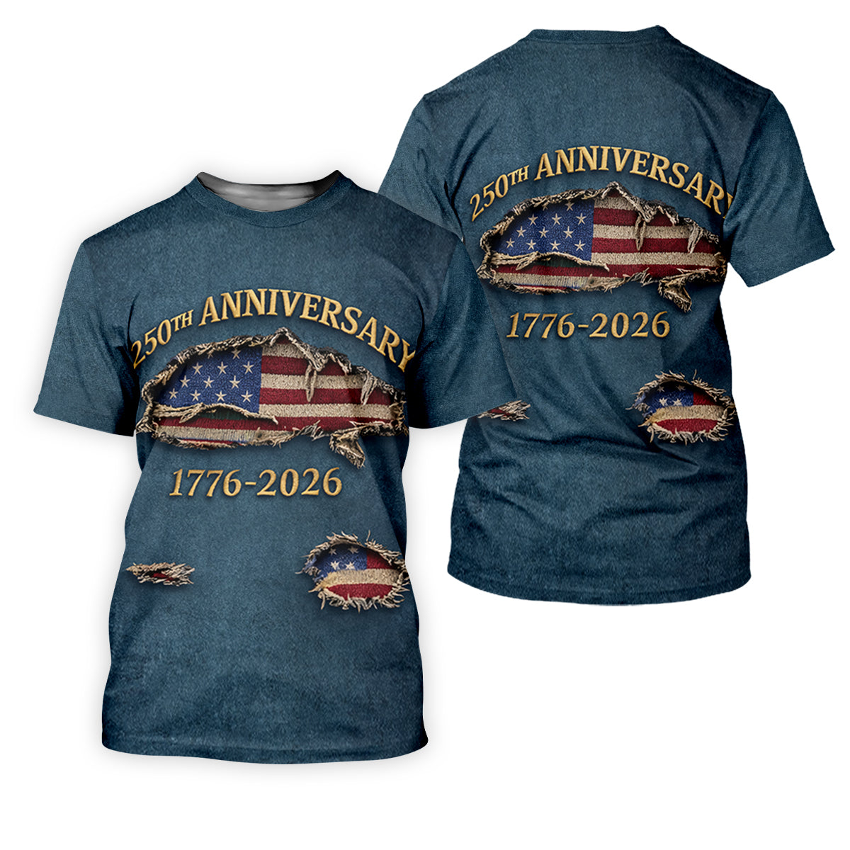 Patriotic American Flag 250th Anniversary Blue Denim Color Ripped Effect Golf Shirts For Men, Polo ShirtFor Men