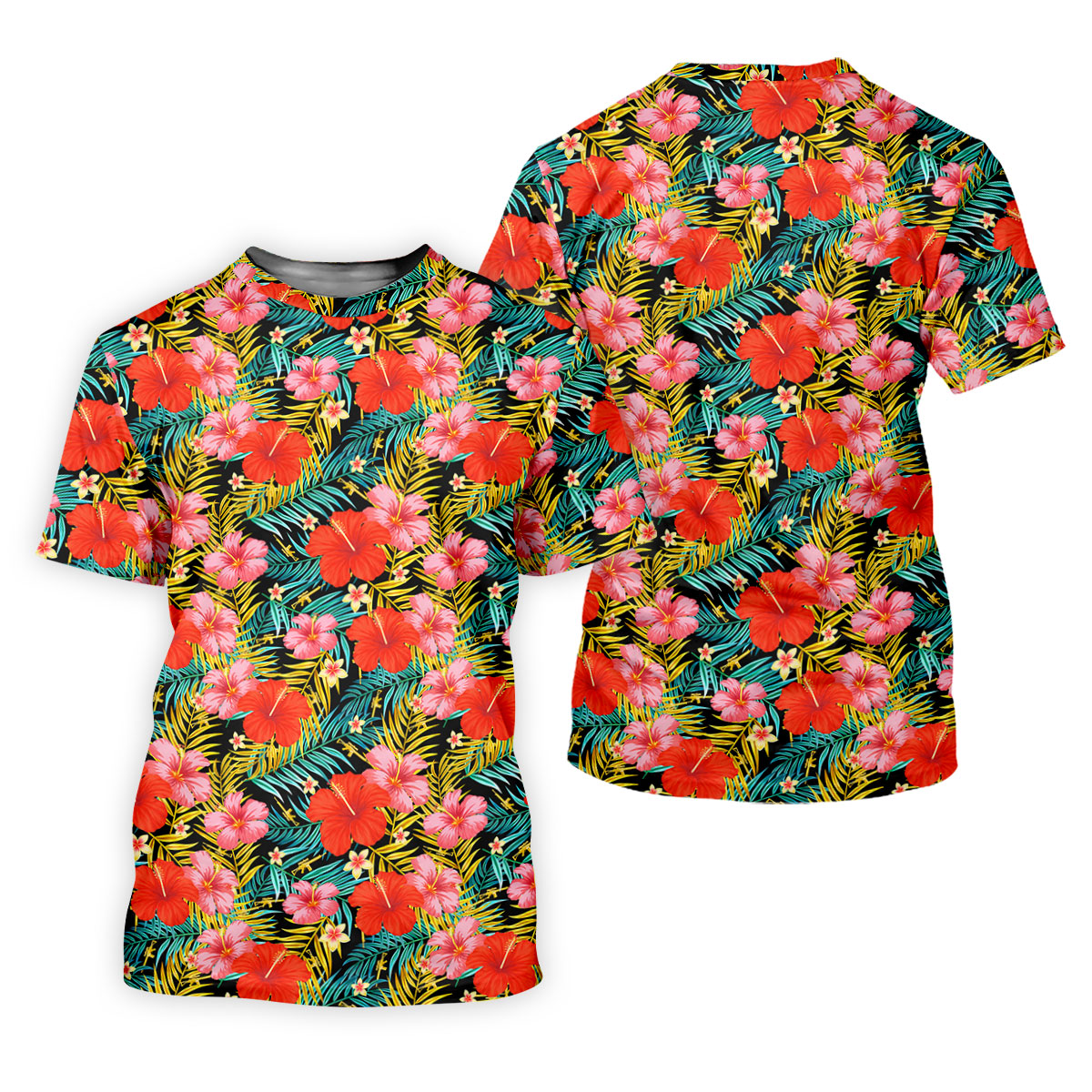 Red Hibicus Gold Palm Leaf Hawaiian Golf Shirt, Summer Theme Golf Shirt For Women