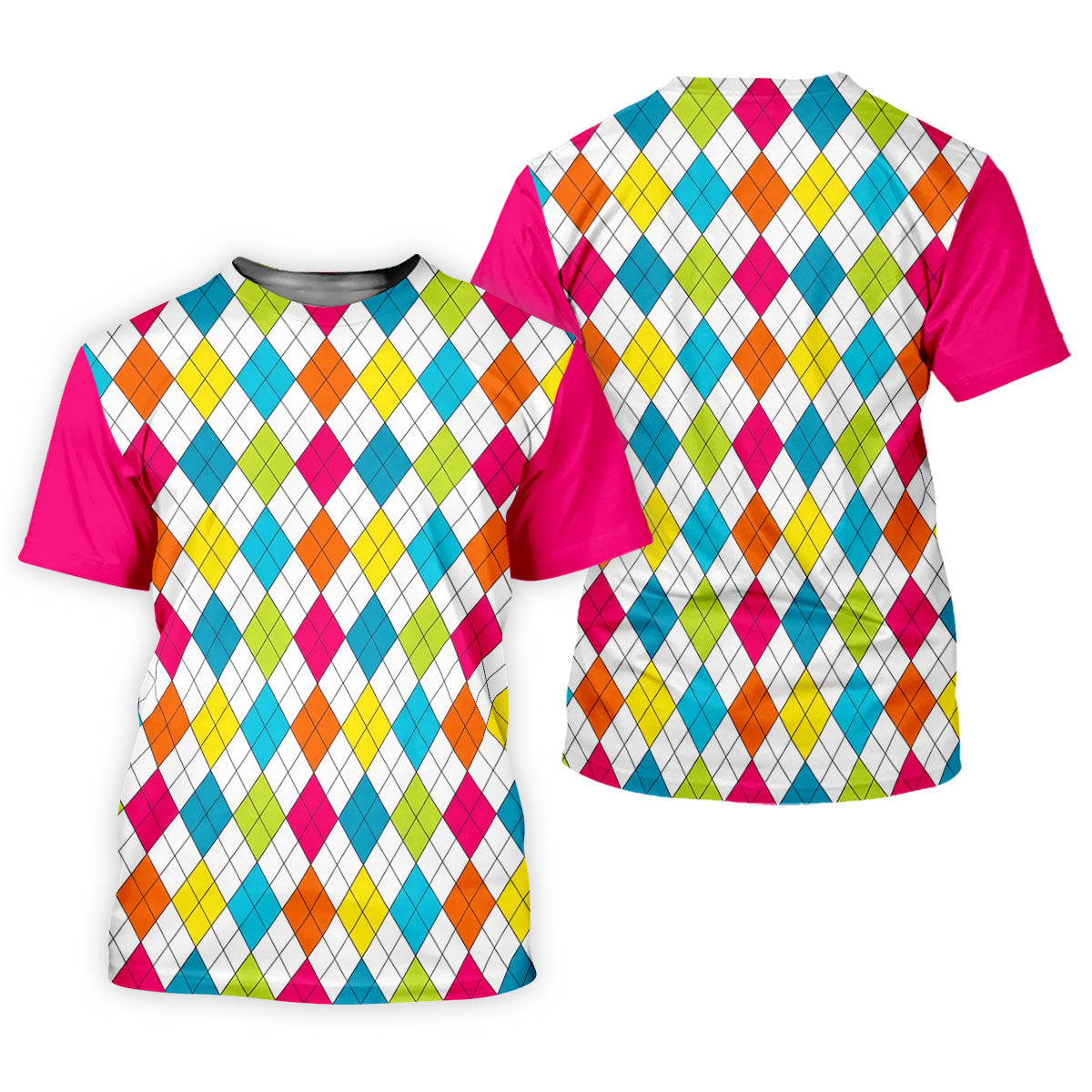 Pink Sleeve Colorful Argyle Plaid Golf Shirt, Mens Golf Polo, Printed Golf Shirts
