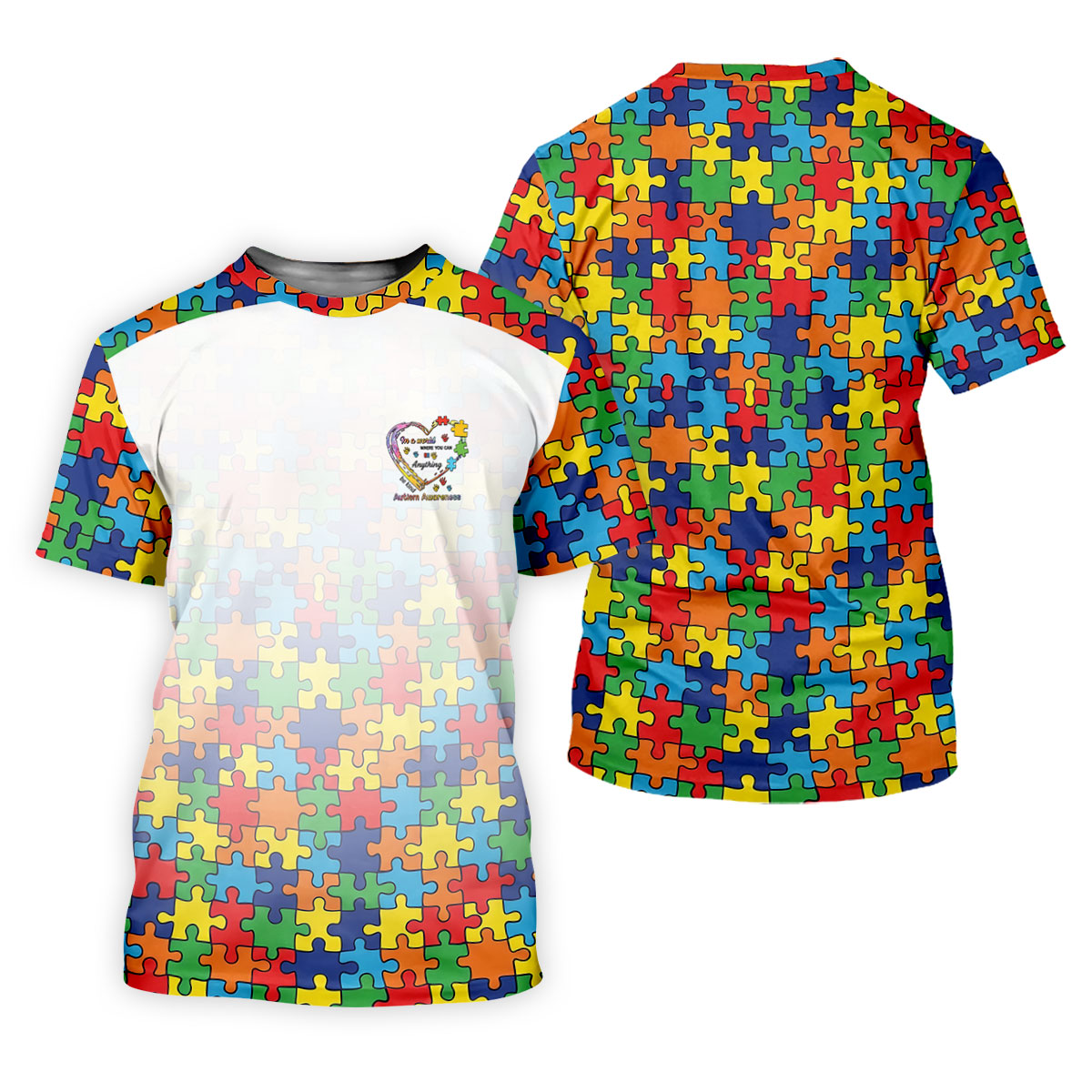 In A World Where You Can Be Anything Be Kind Autism Awareness Puzzle Pattern White Fade Golf Shirts For Men