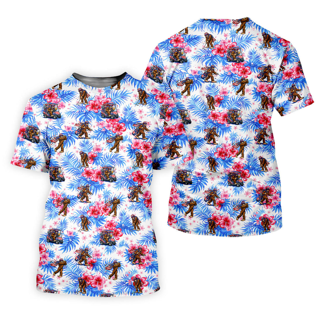 Funny Bigfoot Golf Pose 4th Of July Tropical Vibe Golf Shirts For Men, 250th Anniversary Patriotic Golf Shirt