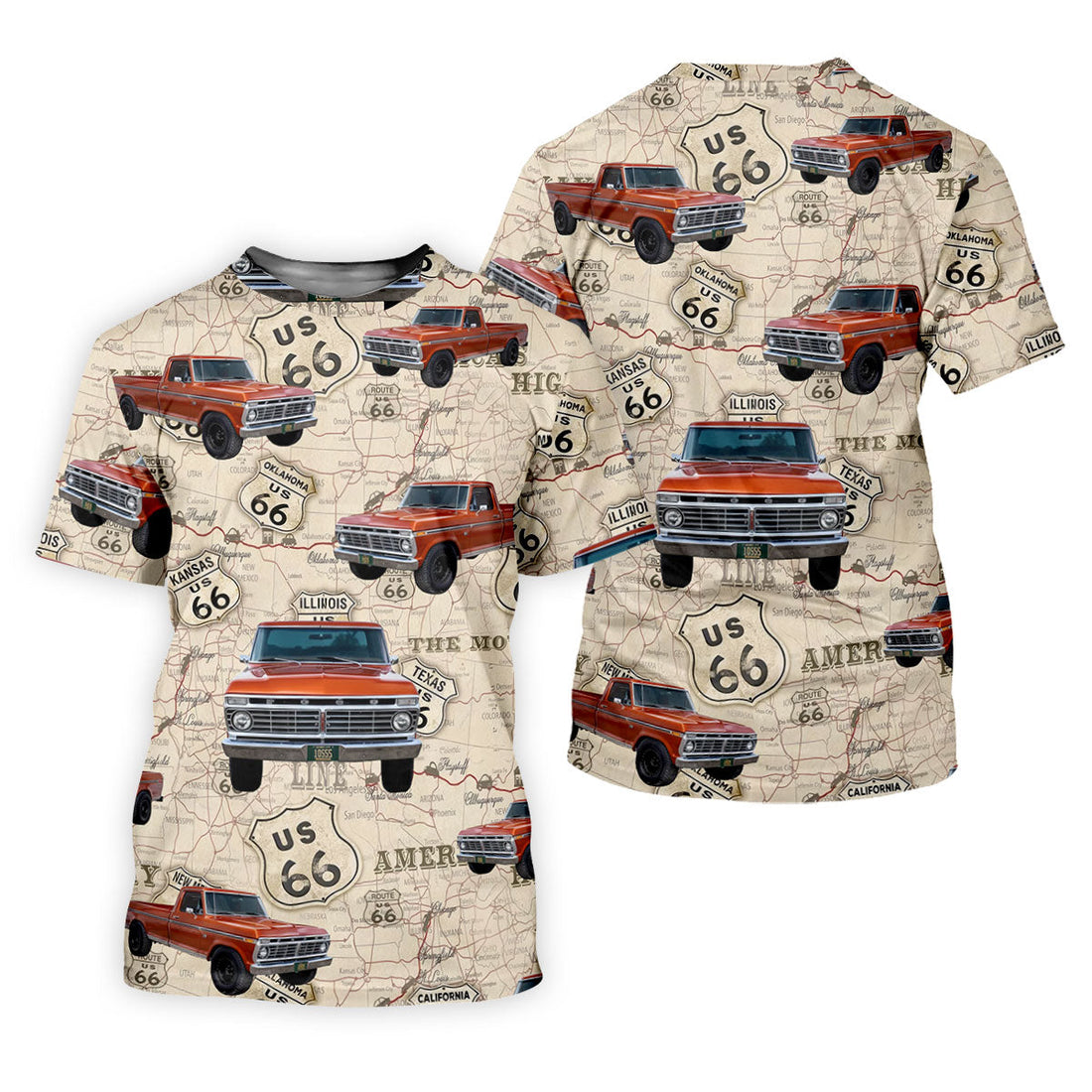 Custom Photo Truck Golf Shirt, Vintage Pickup Route 66 Map Pattern, Golf Shirt For Men