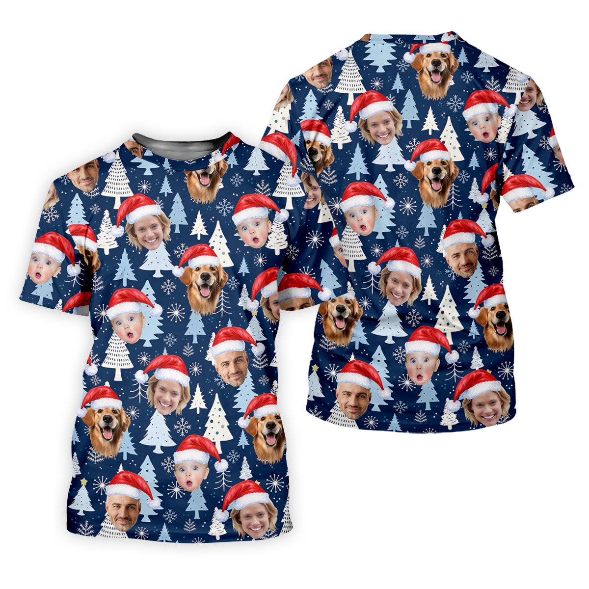 Custom Face Pine Tree Pattern White And Navy Christmas Golf Shirt, Ladies Golf Shirts, Golf Gifts For Women