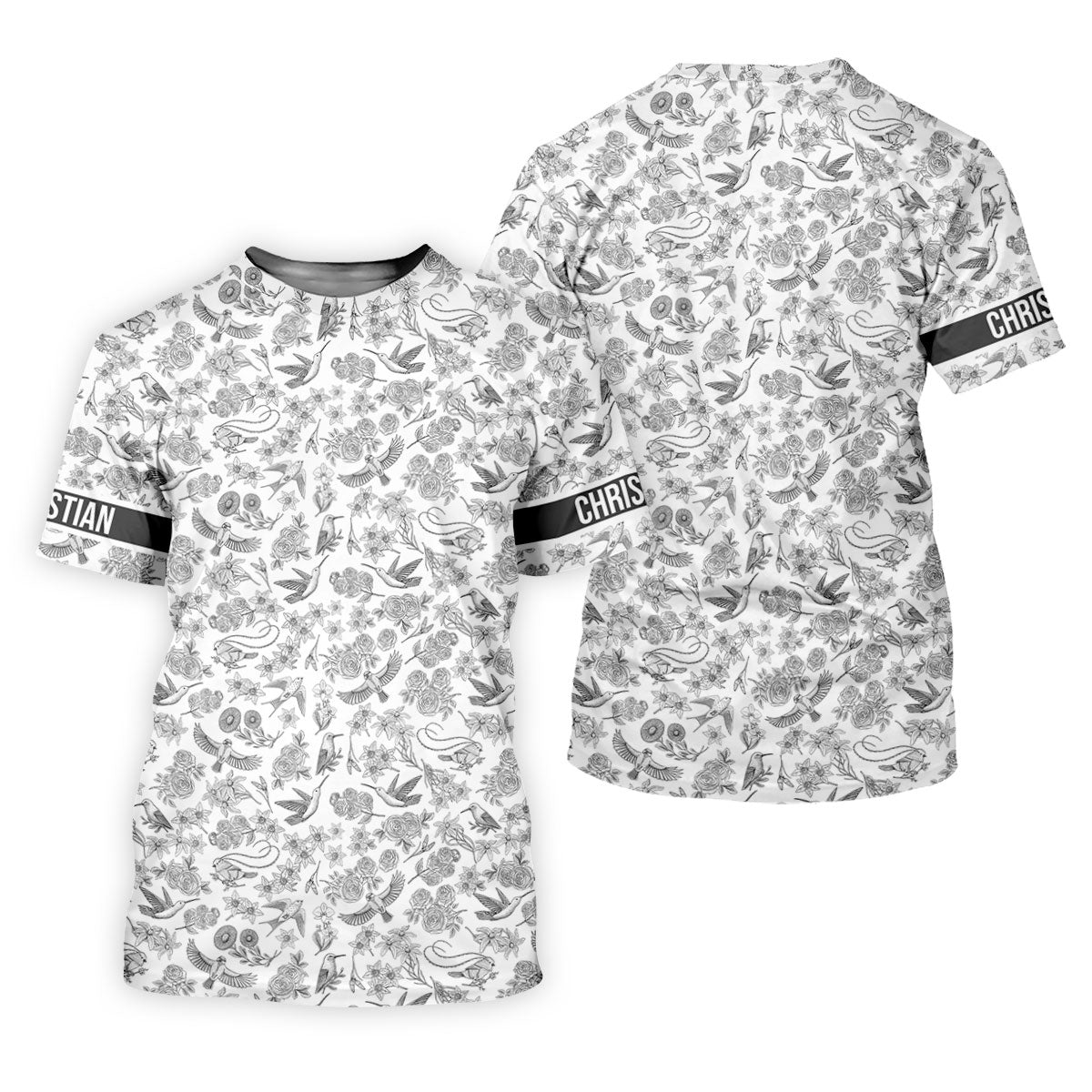 Custom Name Toile de Jouy Birds And Flowers Grey And White Polo ShirtFor Men, Golf Gift For Men