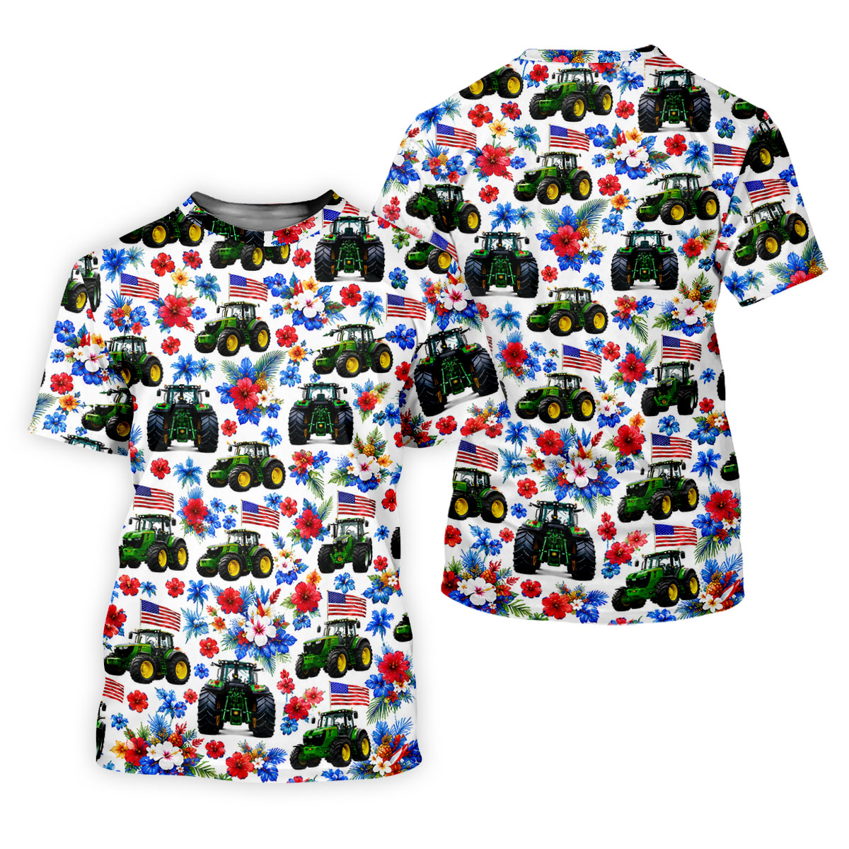 American Tractor Golf Shirt, Patriotic Wildflower Country Farm Pattern, Golf Shirt For Women