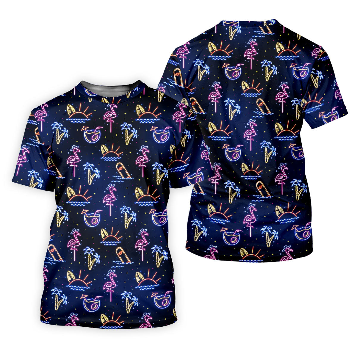 Neon Tropical Flamingo Sunset Cocktail Night Golf Polo, Hawaiian Golf Shirt, Polo Shirts For Men