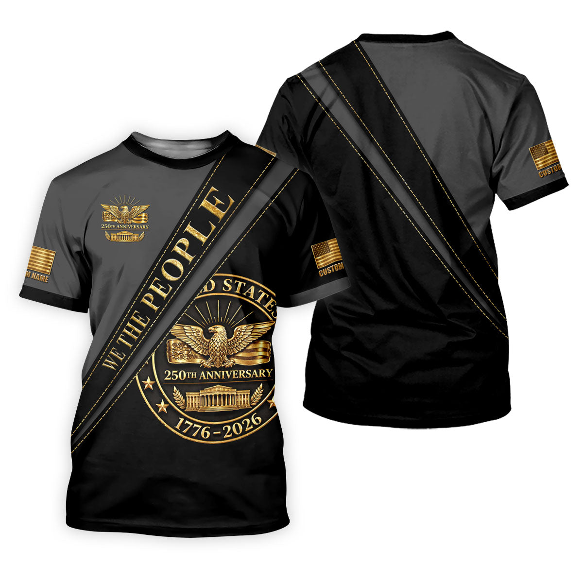 We The People 250th Anniversary Black And Gold Ladies Golf Tops, Patriotic 4th Of July Golf Shirt For Women