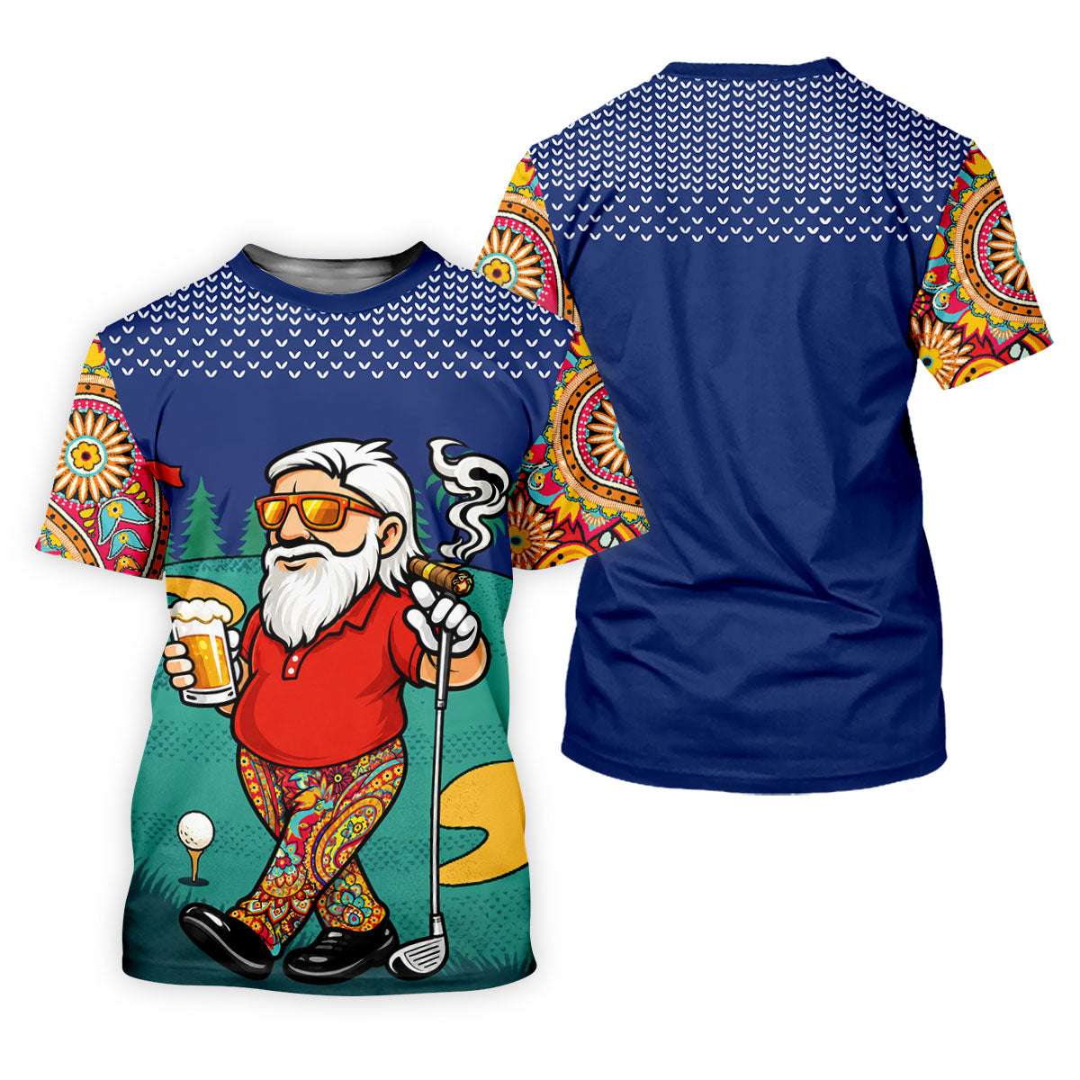 Men's Funny Golf Santa Beer And Cigar Polo Shirt, Mens Golf Polo, Golf Apparel For Men