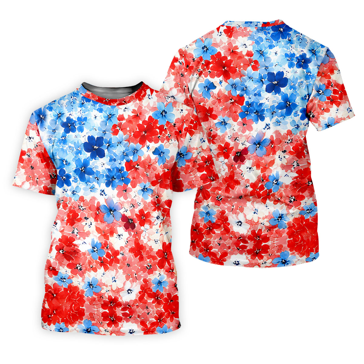 Patriotic Floral Golf Shirt, Red White Blue Blossom Pattern, Golf Shirt For Women
