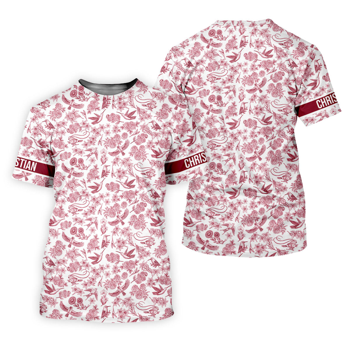 Custom Name Toile de Jouy Birds And Flowers White And Red Polo ShirtFor Men, Golf Gift For Men