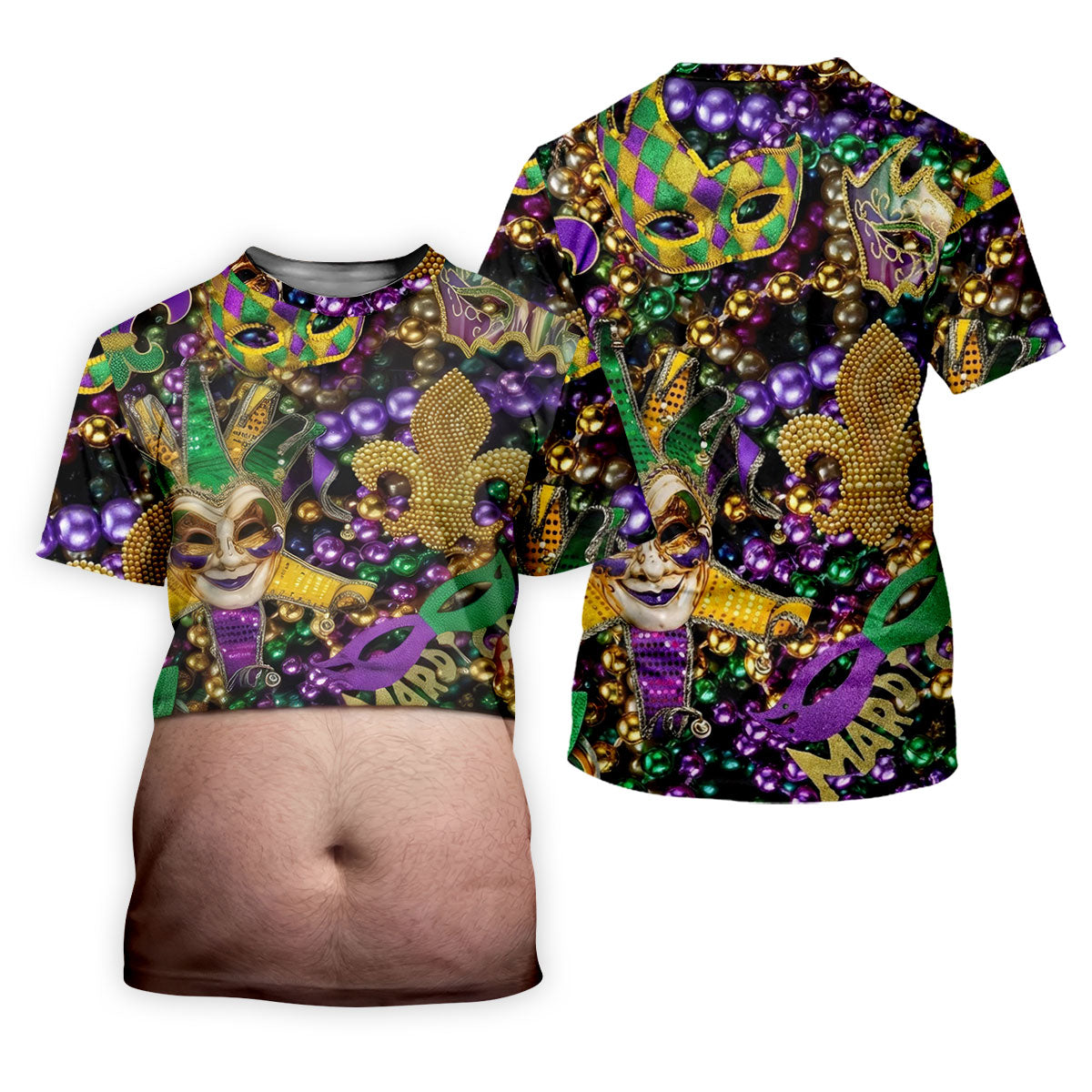 Mardi Gras Purple Green Gold Fleur De Lis Jester Mask Funny Tummy Women's Golf Tops, Fun Women's Golf Shirts