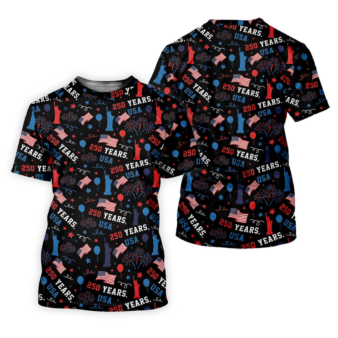 250 Years USA Red White Blue Seamless Pattern Black Golf Shirt, Patriotic 4th Of July Golf Shirt For Women