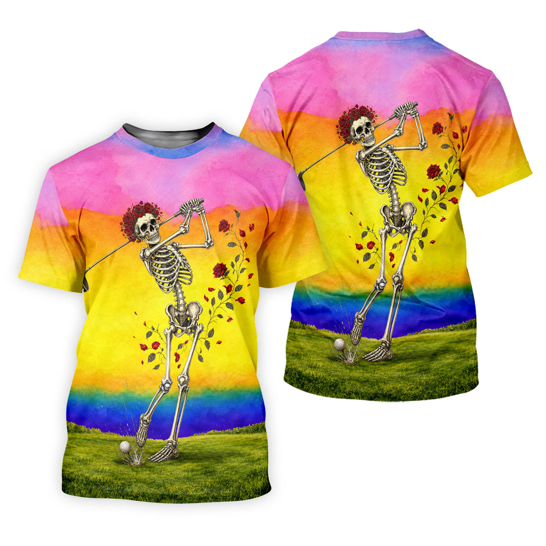 Rainbow Skeleton Golfer Golf Polo Shirt, Women's Golf Polo, Ladies Golf Shirts