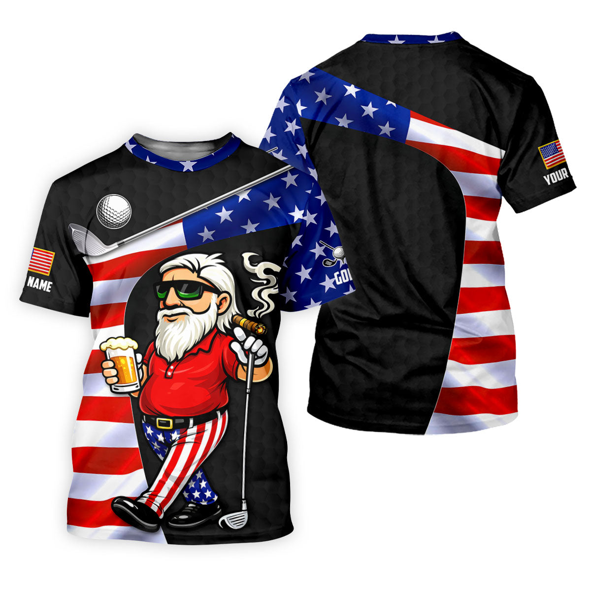 Golf And Beer Patriotic Man Golf Ball Pattern 4th Of July Black Golf Shirt, 250th Anniversary Golf Shirts For Men