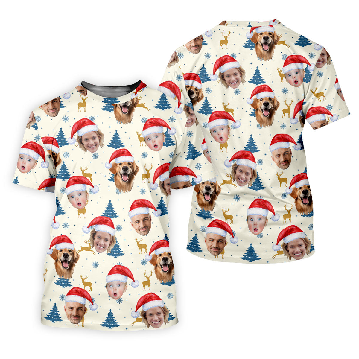 Custom Face Pine Tree Pattern Beige And Navy Christmas Golf Shirt, Ladies Golf Shirts, Golf Gifts For Women