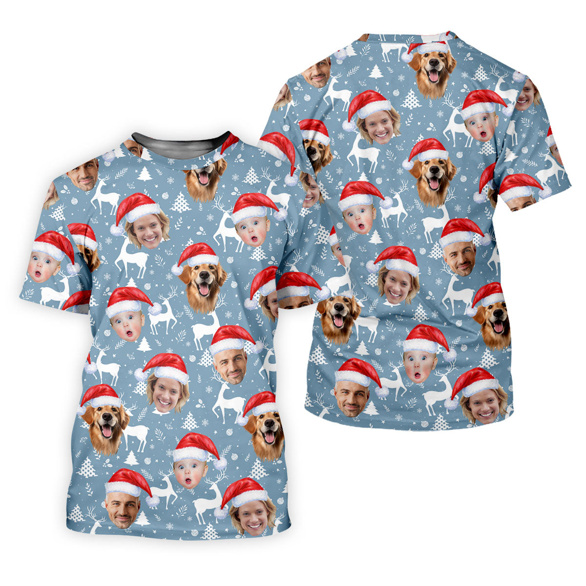 Custom Face Reindeer Pattern Ice Blue Christmas Golf Shirt, Women's Golf Tops, Golf Gift For Ladies