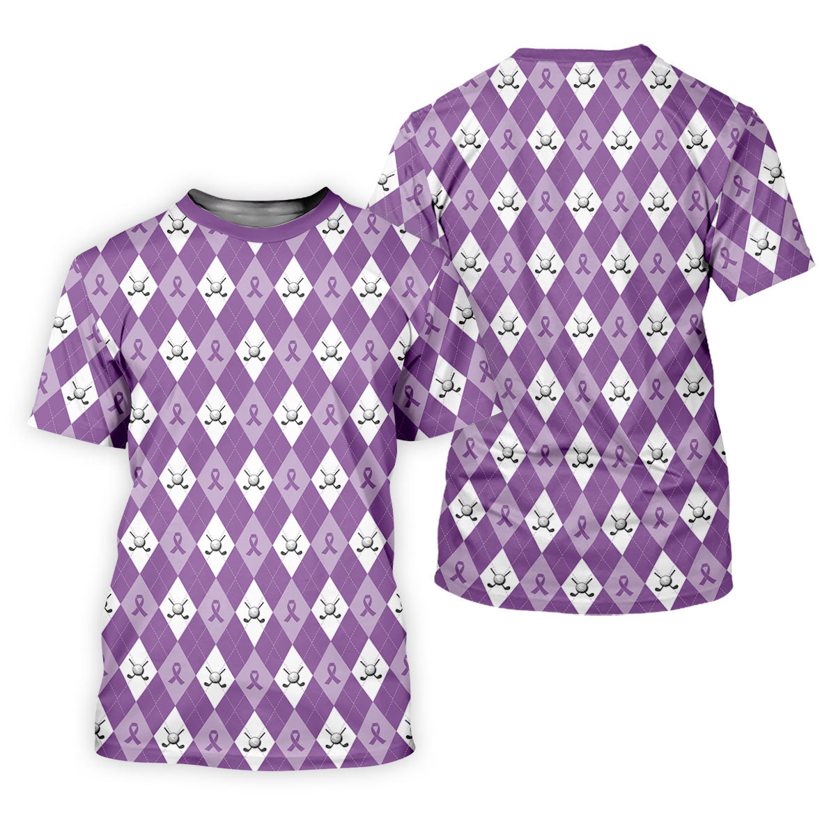 Pancreatic Cancer Purple And White Argyle Pattern Golf Tops For Men, Cancer Awareness Shirt