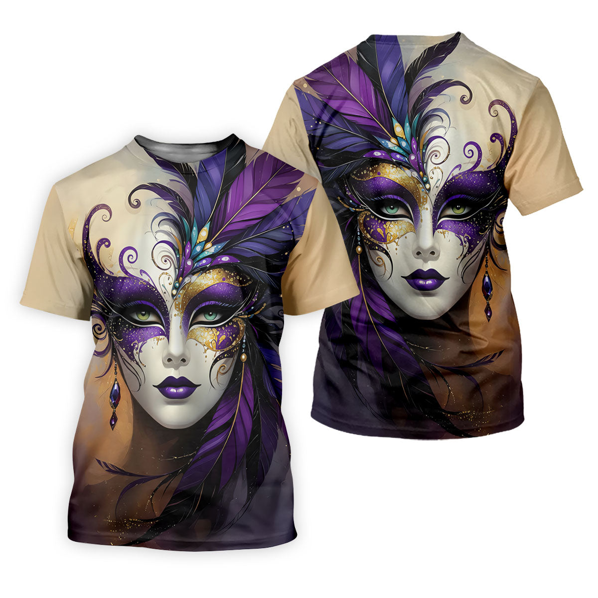 Feather Mask Mardi Gras Golf Shirt, Purple And Beige Golf Shirts For Men, Polo ShirtFor Men
