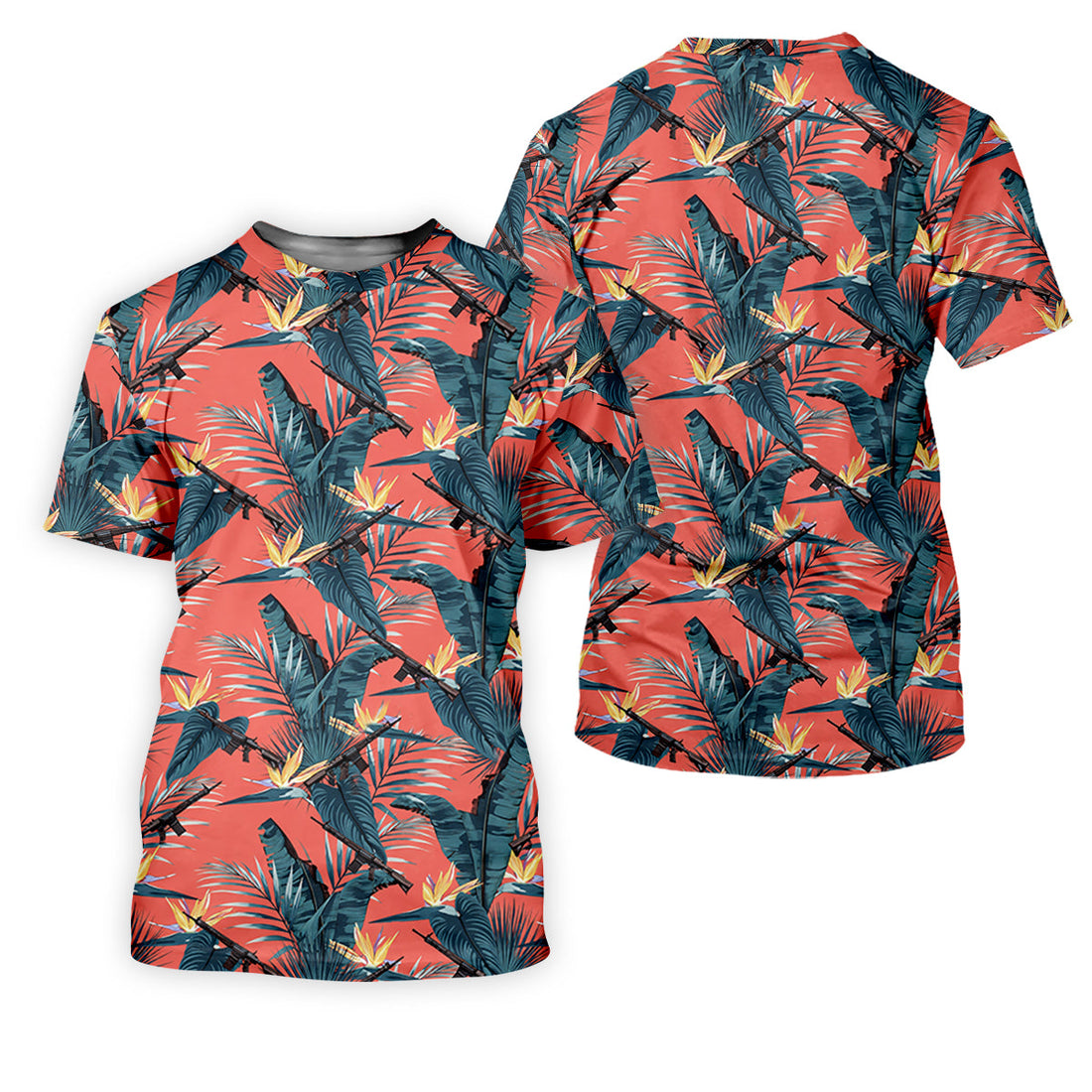 Tropical Palm Leaf And Rifle Pattern Coral Golf Polo, Women’s Golf Apparel, Performance Golf Shirt
