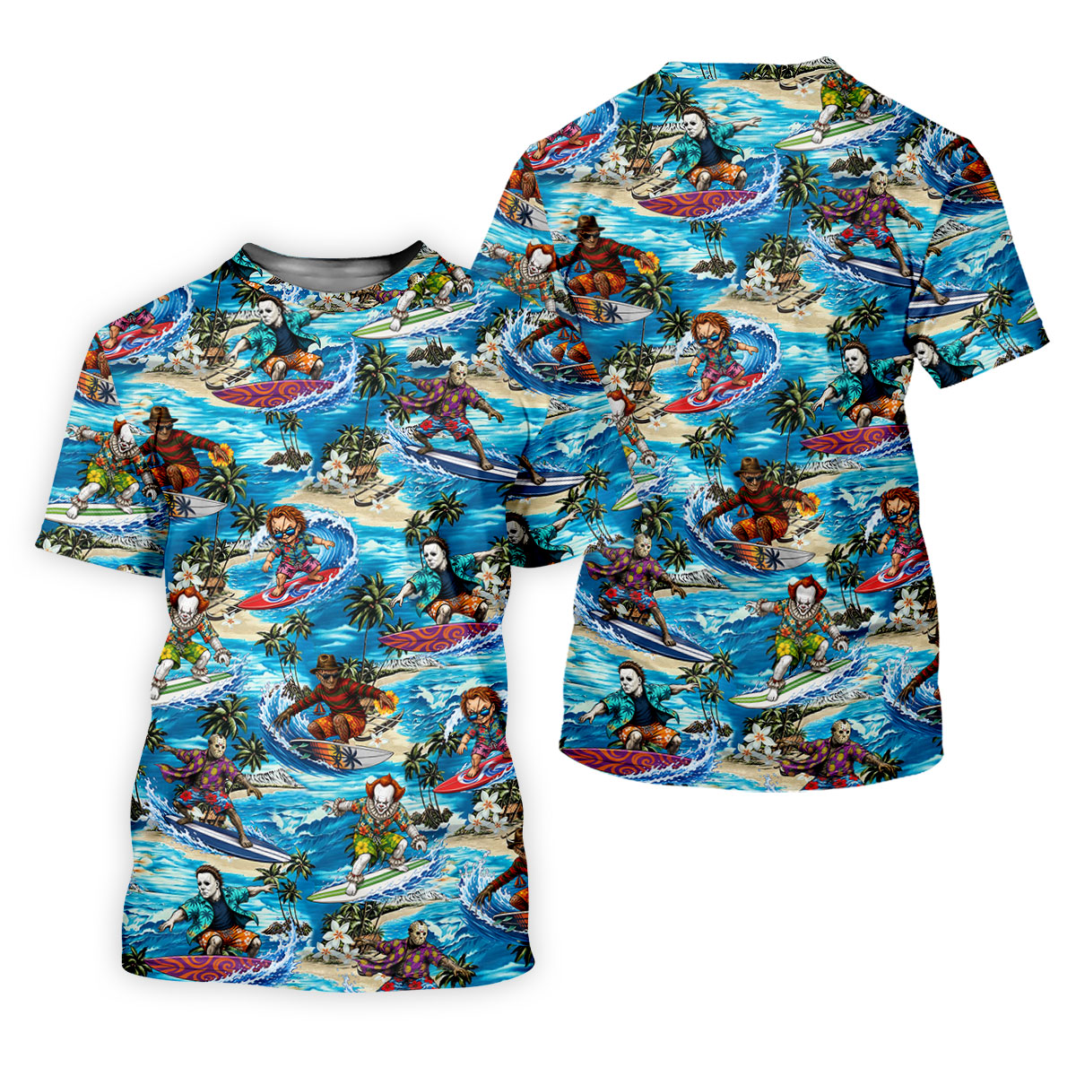 Horror Character Surfing Hawaiian Golf Shirt, Tropical Slasher Golf Shirt, Golf Shirts For Men
