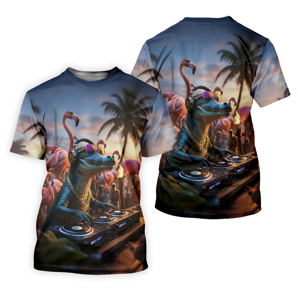 Funny Crocodile DJ Mardi Gras Festival Flamingo Golf Shirt, Women's Golf Tops, Ladies Golf Polos