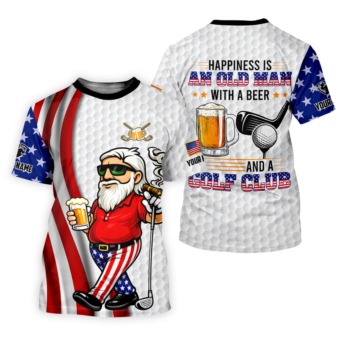 Happiness Is An Old Man With A Beer Funny 4th Of July White Golf Shirt, 250th Anniversary Golf Shirts For Men