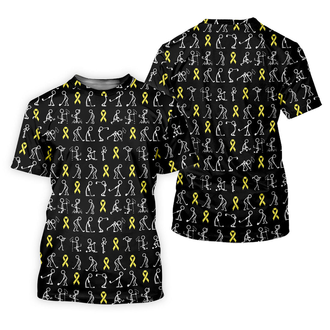 Funny Stick Figure Women's Golf Shirt, Childhood Cancer Awareness Shirt, Yellow Ribbon Golf Shirts For Women