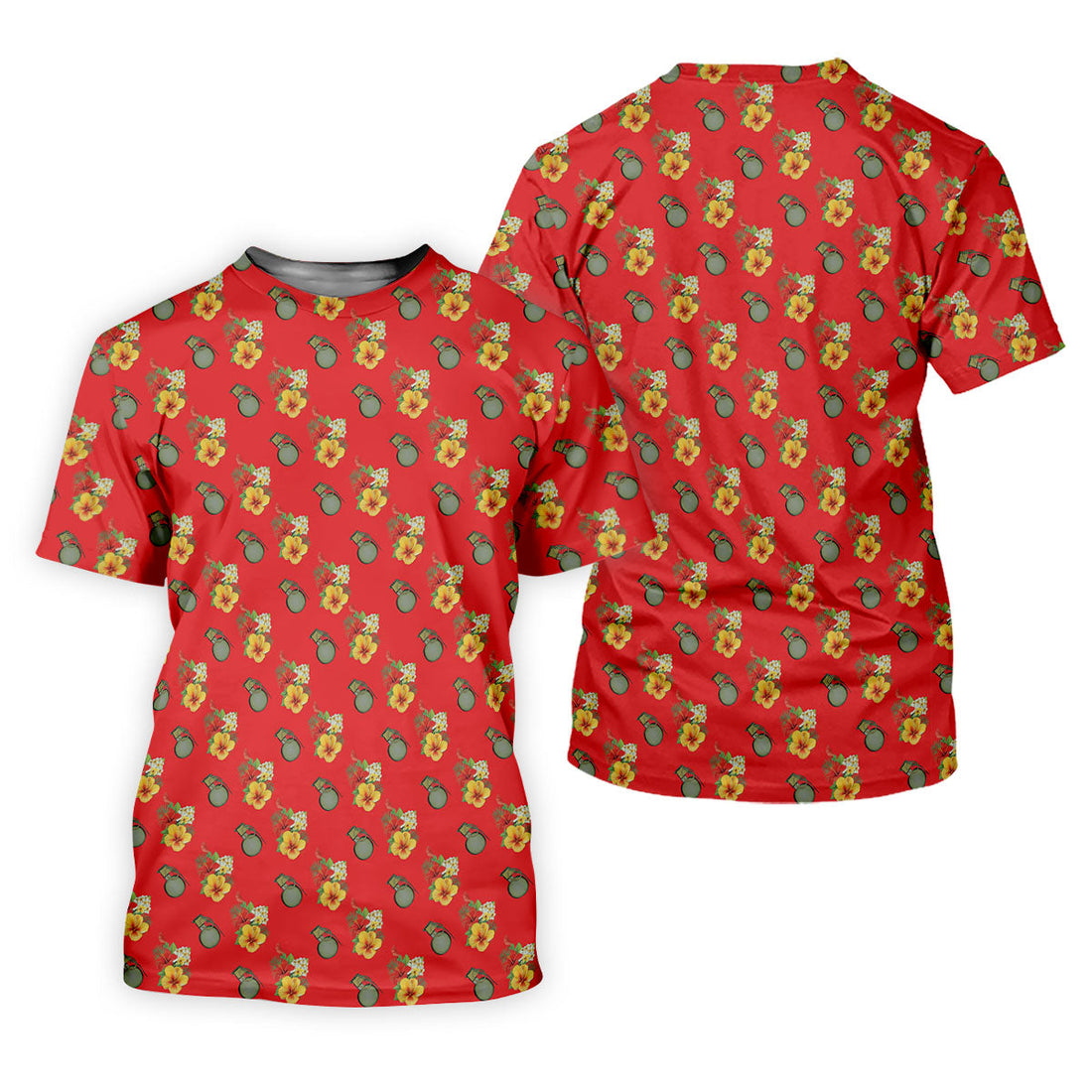 Hibiscus Flowers Green Grenades Seamless Pattern Red Golf Shirt, Golf Tops For Men, Golf Shirts For Men